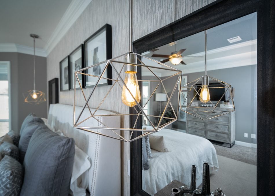 master bedroom. transitional, transitional bedroom, master suite. wallpaper, bedroom, windows, accent chairs, lumbar, dresser, nightstands, bedroom bench, area rug, neutral bedroom, white bedroom, personal, pendant lights over night stand