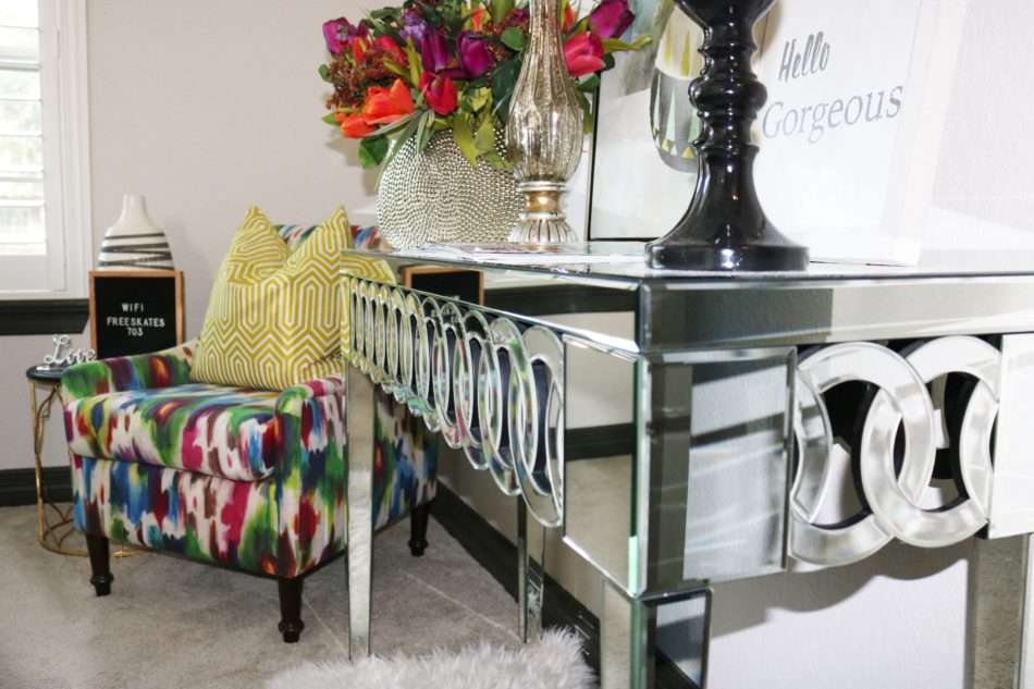 chic guestroom, chic, girl guestroom, guestroom. how to style a guest room, colorful chair, mirror over bed, colorful room, guestroom styling, guestroom check list