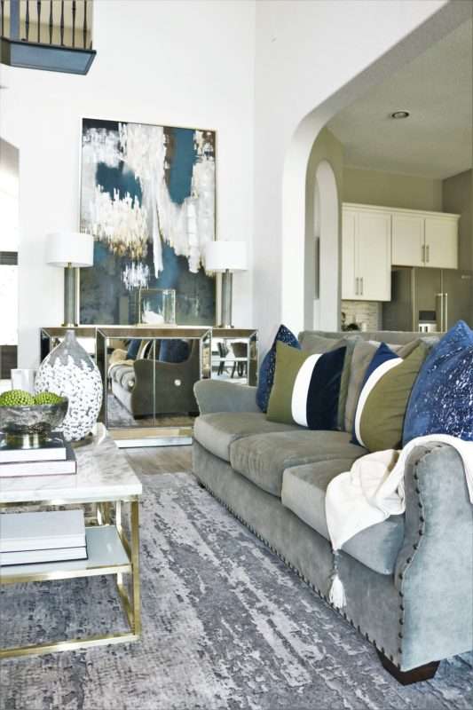 all decor, how to decorate for fall, fall living room, blue living room, olive and navy color palette, olive pillows, navy living room