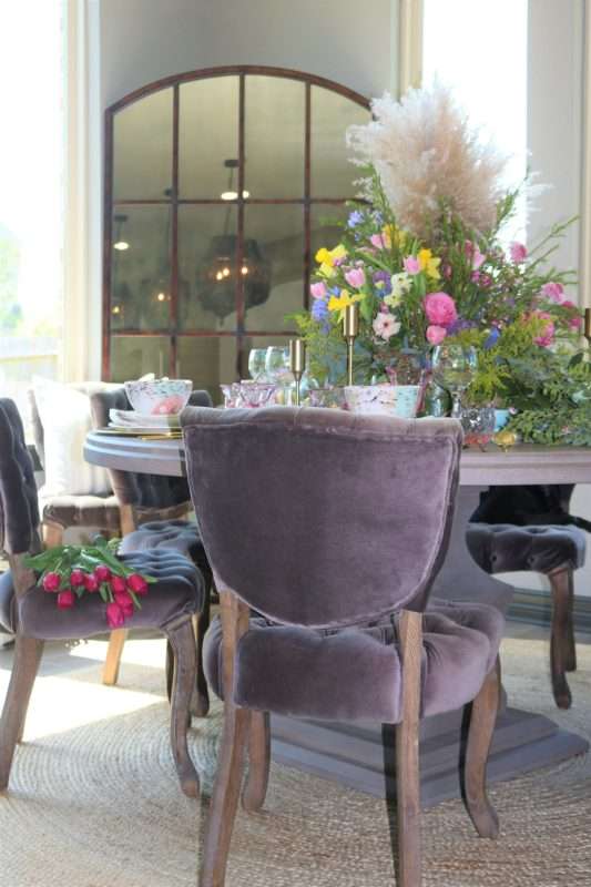 MRI, houston interior designer, home decor influencer, Easter, Easter table setting, Easter flowers, colored glass, spring flowers, cascading flowers, bunny, kids Easter table, fun Easter table setting, Easter decorations, how to decorate for Easter, easy Easter decorations, pink glasses, Easter table setting, Easter tabelscape, elegant dining table, whimsical kids table, playful easter table, vintage table setting, table setting ideas, easter table setting ideas, colorful table setting, achievable easter table setting, table décor, chic easter table setting, budget friendly table setting