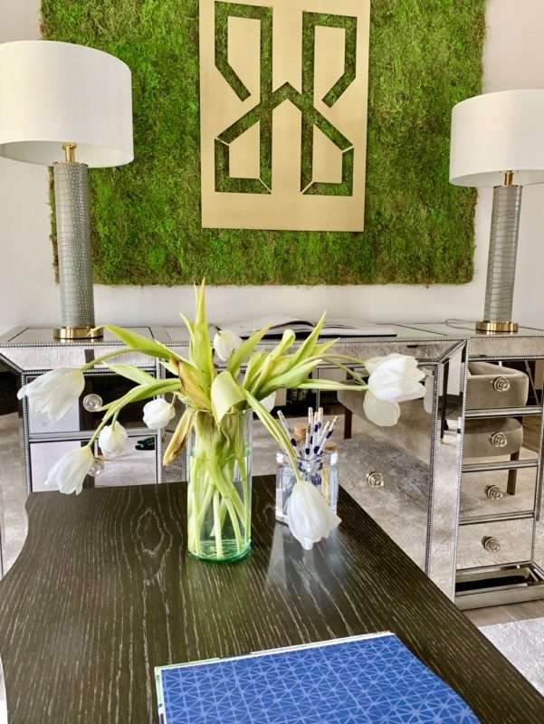 MRI, Houston Interior Design, Houston Interior Designer, Home Office, Home Office Reveal, How to organize home office, home office décor, how to decorate home office, Home office reveal, dinning room as home office, contemporary home office, chic home office, navy home office, home workspace, functional home office, white home office, moss wall
