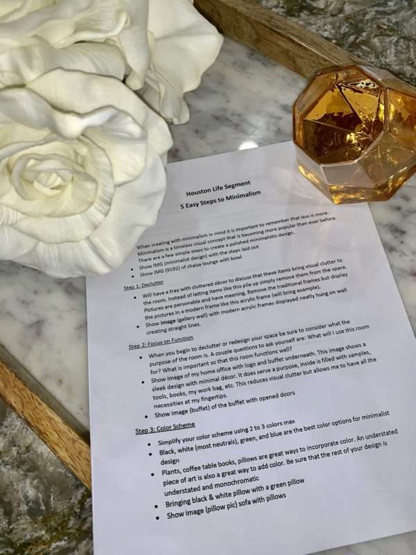 Houston Life, MRI, MRI Home, Melissa Roberts Interiors, Live Demo, What to wear on tv, what to wear to a meeting, minimalist, minimalist design, how to design like a minimalist, Houston Interior Desginer, How to pick an outfit for television, makeup for live tv, how to demo on live tv 