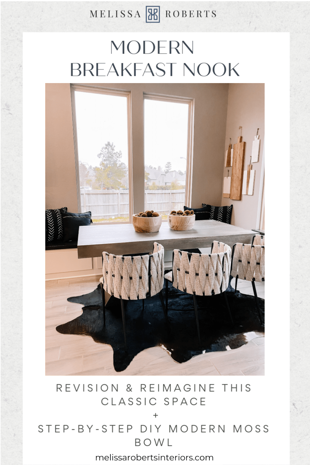 MRI, Melissa Roberts Interiors, Houston Interior Designer, Houston Interior Design, DIY Moss Bowl, Moss Bowl, Natural Design Elements, Cutting Boards, Gallery Wall, Unique Gallery Wall, Dinning Table, Industrial Dining Table, Breakfast Nook, Unique Dining Chairs, Dining Chairs, Dining Chairs 2020, Built-In Bench, Kitchen Storage, Rug, Kitchen Rug, round kitchen table, long dining table, modern gallery wall, minimalist gallery wall, breakfast nook with bench, breakfast nook with window seat, modern breakfast nook, breakfast nook ideas